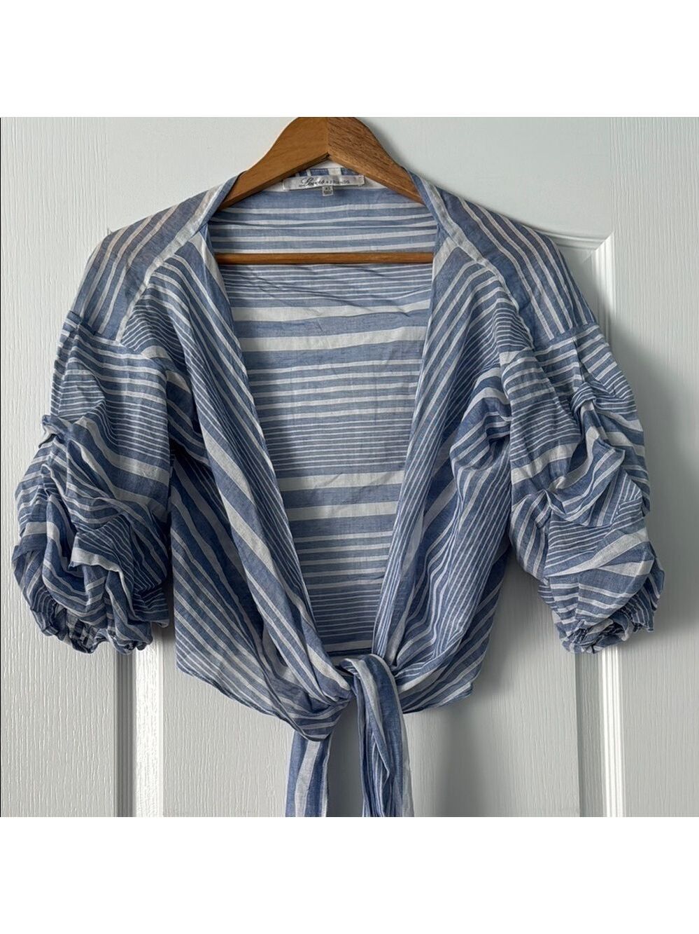 Lovers + Friends Blue White Bow Blouse XS